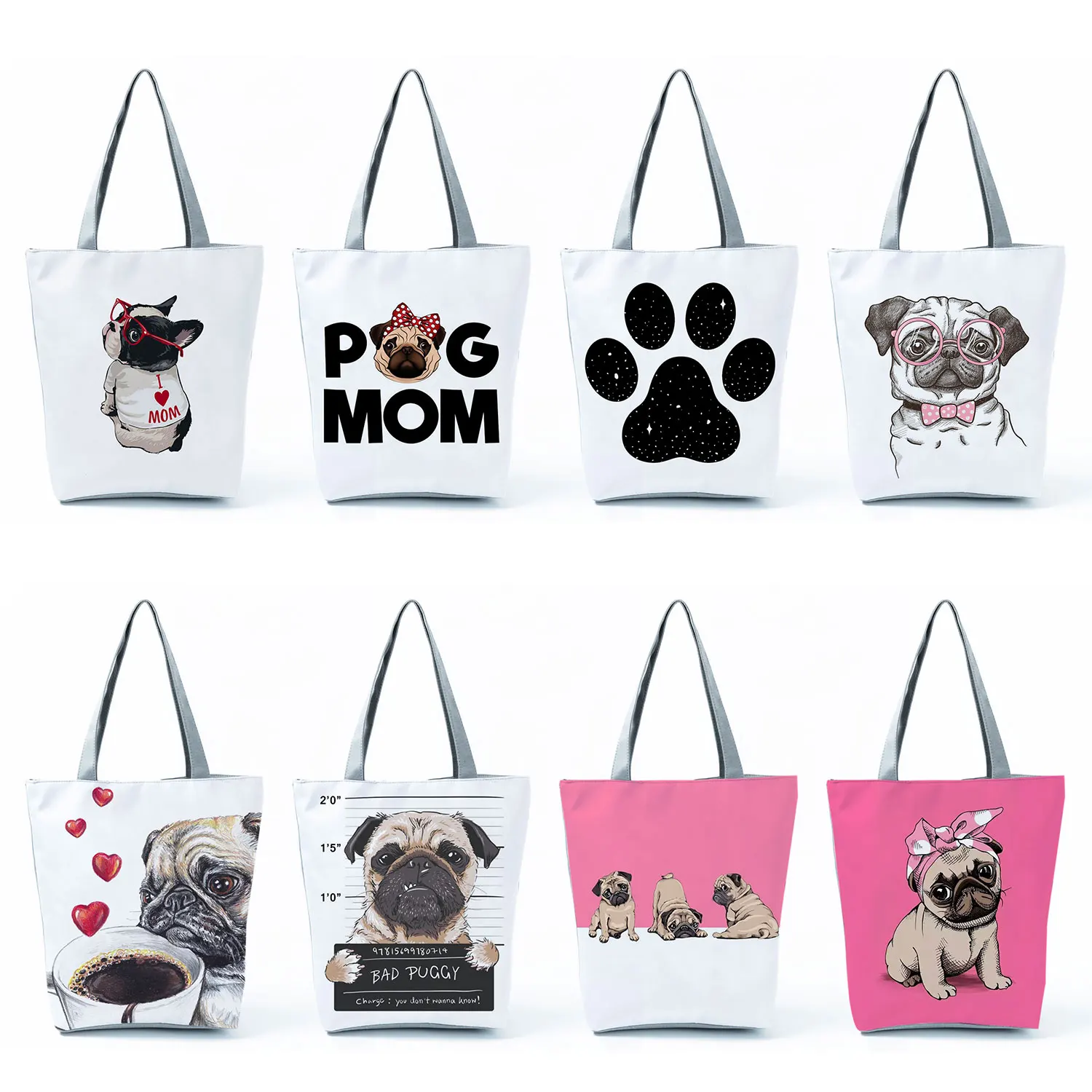 

Women'S Bag 2022 Trend Shoulder Shopper Bags Handbags Eco Cute Animal Star Dog Paw Funny Tote Portable Fashion artoon Pug Print