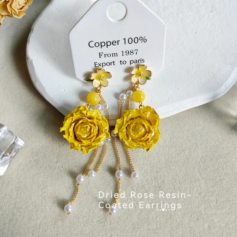 Elegant Immortal Rose Long Earrings Epoxy Resin Real Rose Flower 15