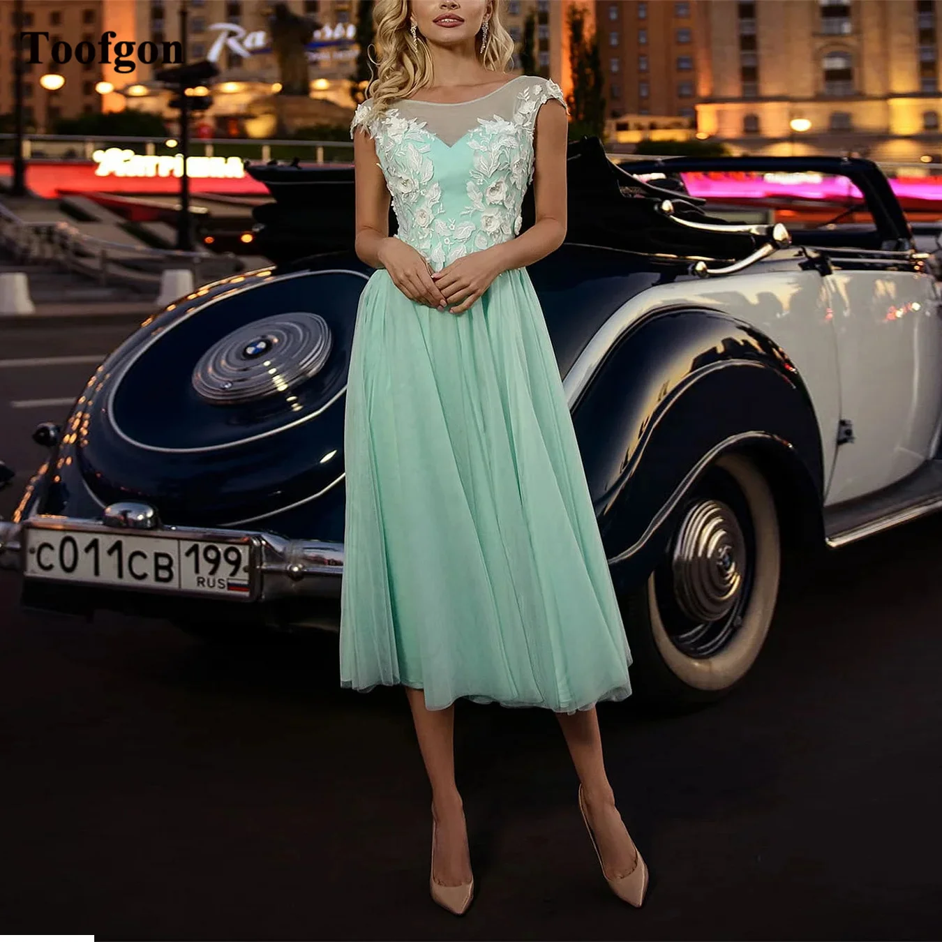 

Toofgon A Line Mint Green Short Prom Dresses Ivory Appliques Lace Flowers Scoop Formal Evening Party Gowns Bridesmaid Wear 2024