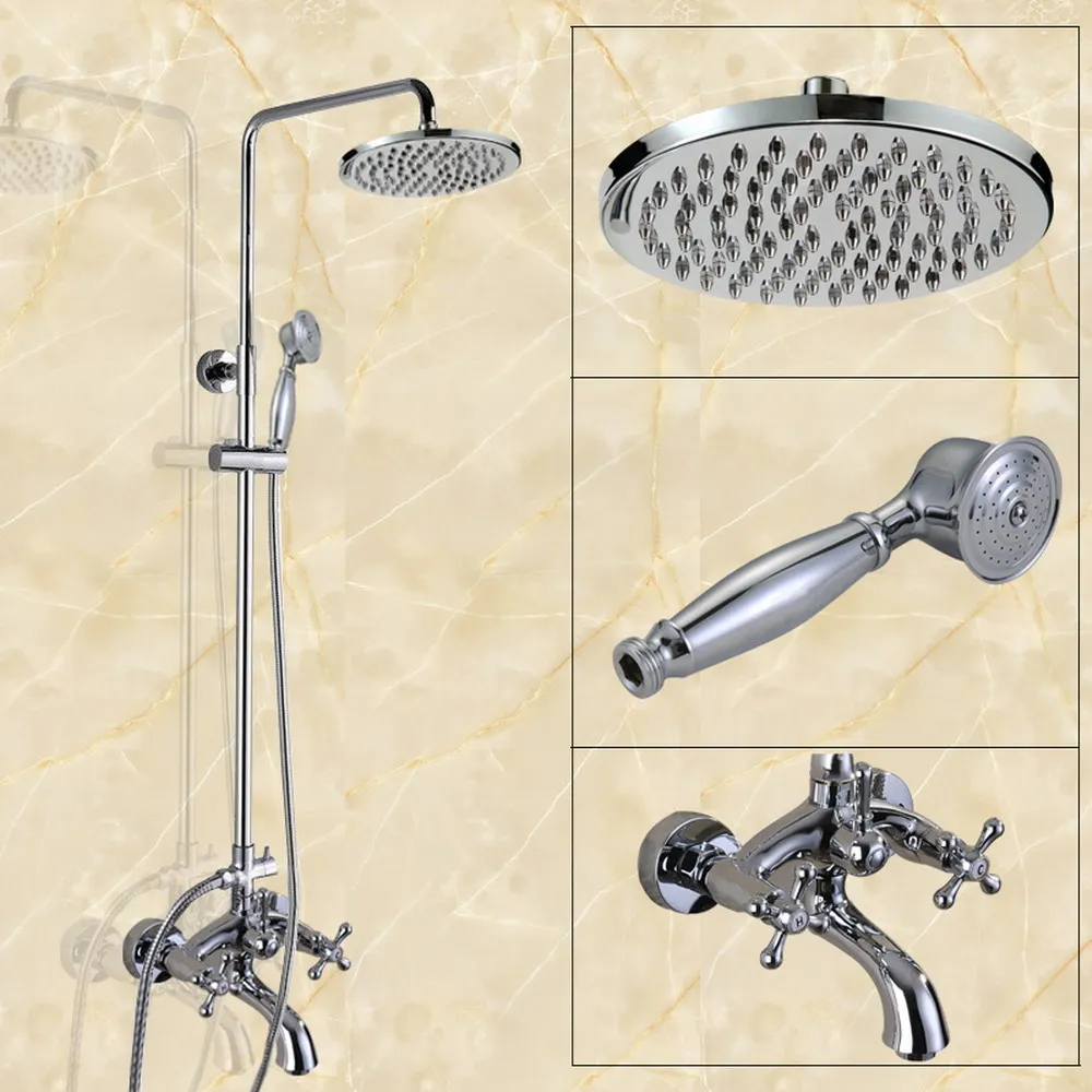 

Polished Chrome Brass Wall Mounted 8" Rain Bathroom Rainfall Shower Faucet Set with Hand Spray Shower Head Tub Mixer Tap 2cy354