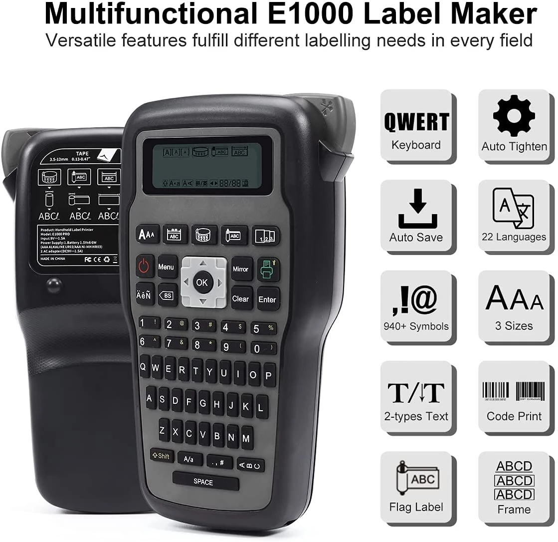 E1000 PRO Labeling Machine With QWERTY Keyboard Symbols 8 Barcode Printing Label Marker Compatible for Brother TZe-231 tapes