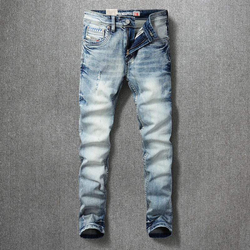 

Newly Fashion Designer Men Jeans Retro Blue Stretch Slim Fit Ripped Jeans Men Trousers Italian Style Vintage Denim Pants Hombre