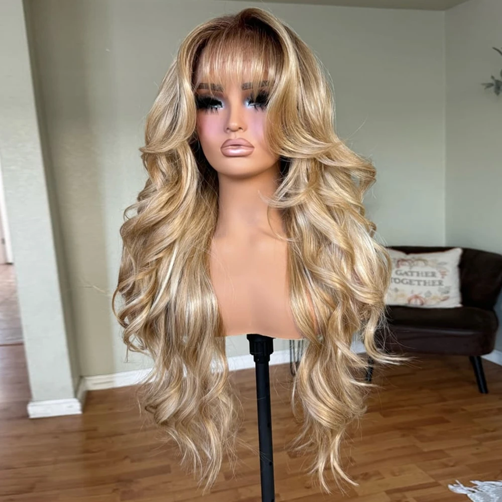 Ombre Golden Blonde Women Bangs Wig Rooted Premium Futura Fibre Synthetic Wig Heat Resistant Long Wavy Fringe Hair Natural Look