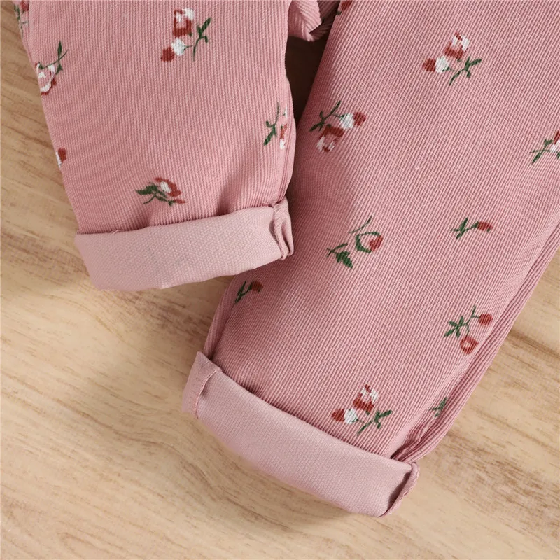 1-4yers Infant Girls Spring Fall Set Pink White Long Sleeve Tops+ Floral Print Suspender Trousers Outfits For Toddler Girls