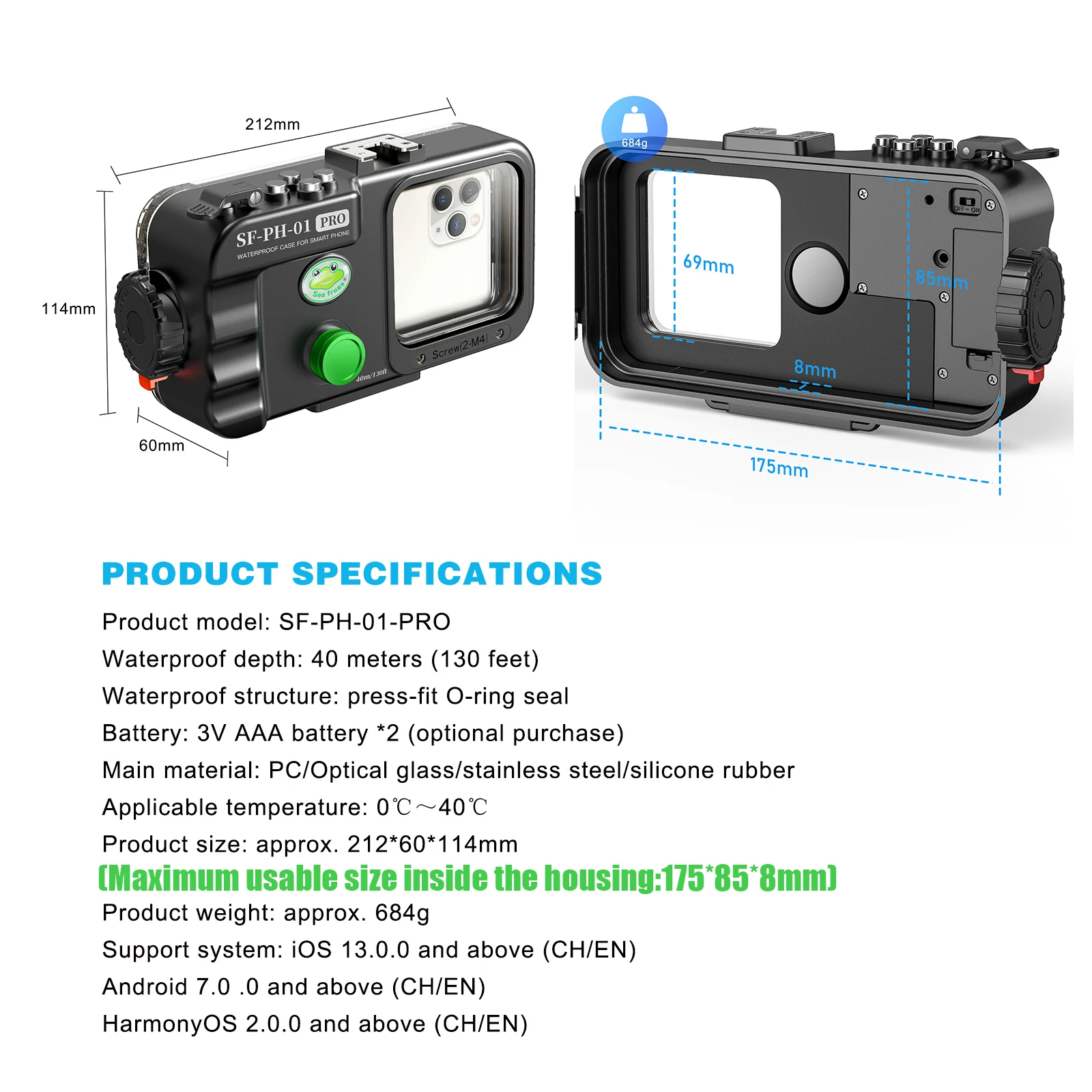 Seafrogs Universal Waterproof 40M Phone Case for Under 7'' Smartphone Diving Cover for Iphone Samsung Xiaomi Huawei