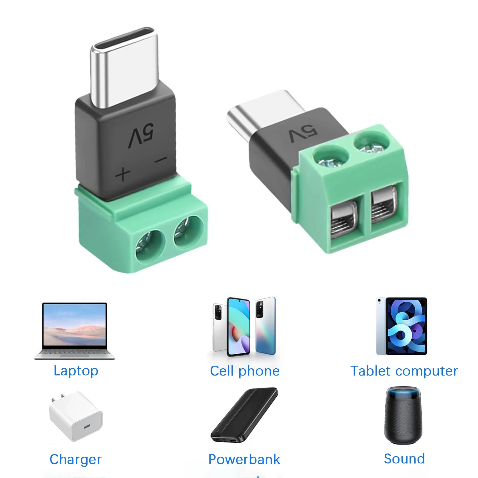 USB 타입 C 남성-2핀 나사 단자 충전 어댑터 5V 타입 C 2핀 무납땜 OTG 커넥터 (모바일 기기 충전용)