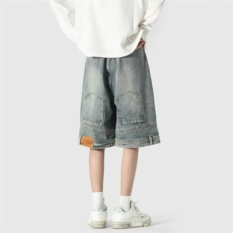 2024 Men's Summer New Jeans American Style Youth Trendy Spliced Pockets Middle Waist Button Solid Color Loose Thin Denim Shorts