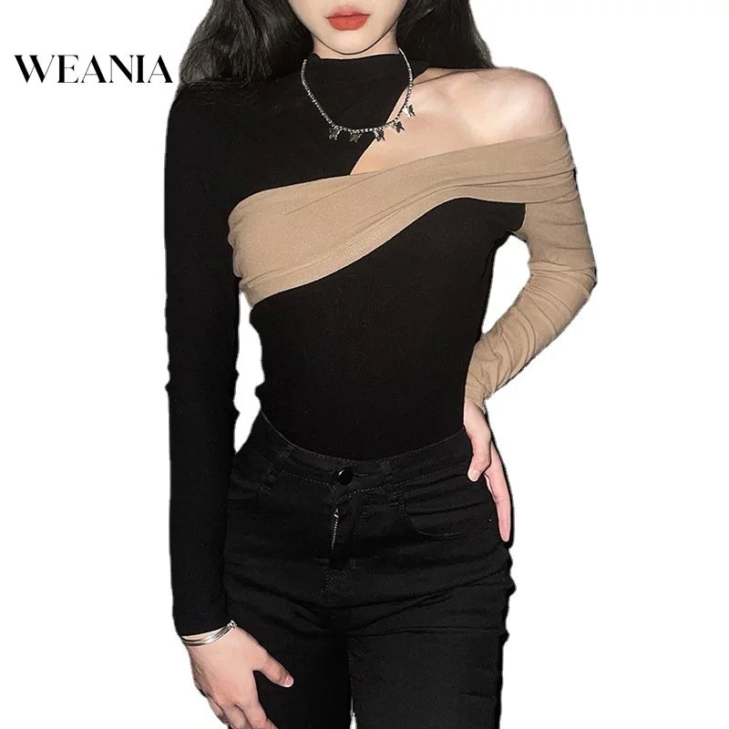 

xia Women's sexy irregular color hit off-shoulder long-sleeved T-shirt