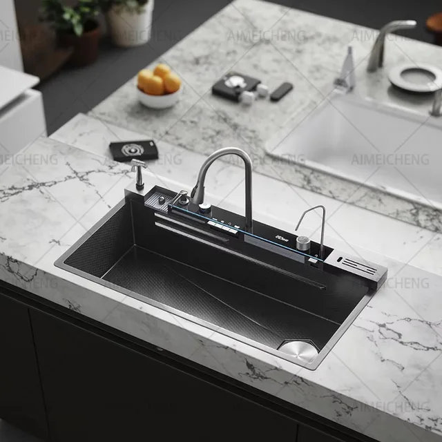 ขายร้อนสแตนเลสน้ําตกอ่างล้างจานมีดดิจิตอลจอแสดงผลก๊อกน้ําชุดนูนขนาดใหญ่พิเศษ SINGLE SLOT 1