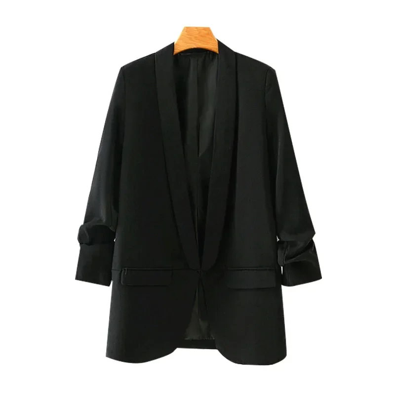 Women Fashion Office Wear Basic Black Blazer Coat Vintage Pleated Sleeve Pockets Female Outerwear Chic Tops