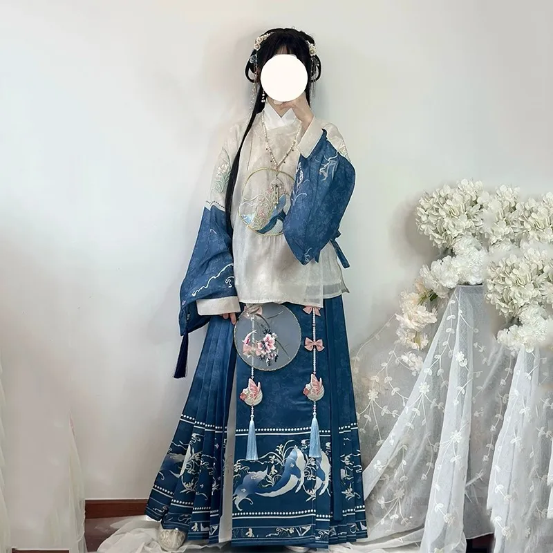 

2023 Ming Han Uniform Round Neck Robe Embroidered Pipa Sleeve Horse Face Skirt Super Fairy Style Hanfu Dress Costume