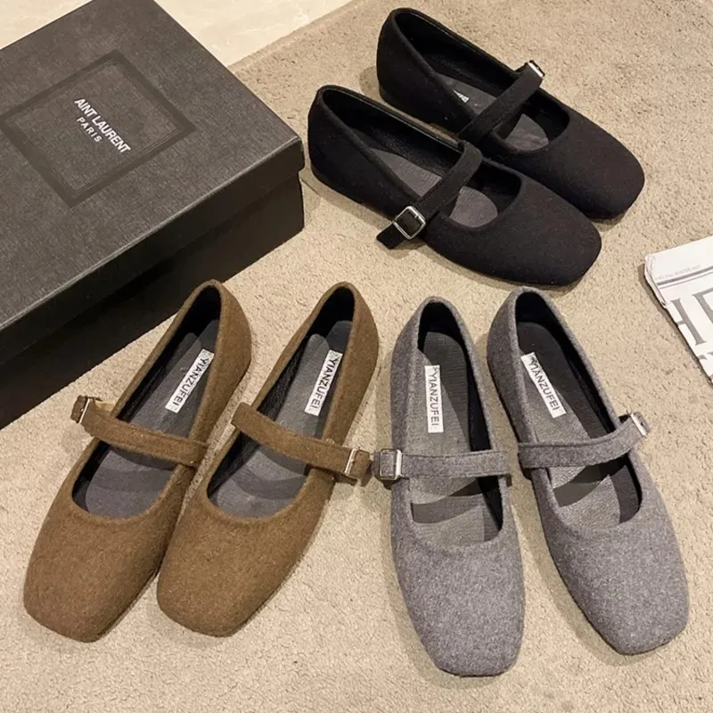 Women's Felt Mary Janes Shoes Square Toe Ballet Flats for Female New Fashion Buckle Strap Ladies Shoes Spring Autumn 2