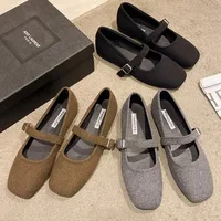 Women's Felt Mary Janes Shoes Square Toe Ballet Flats for Female New Fashion Buckle Strap Ladies Shoes Spring Autumn 2