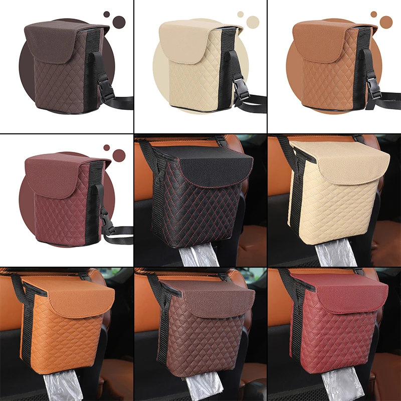 2 Sizes Waterproof PU Leather Car Trash Can Bin Auto Accessories Hanging Car Organizer Box Built-in Removable Plastic Bucket