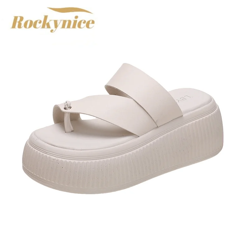 

New Summer Platform Wedges Slippers 7CM Heels Peep Toe Sandals Ladies Beach Flats Shoes Women Moccasins Retro Leather Flip Flops