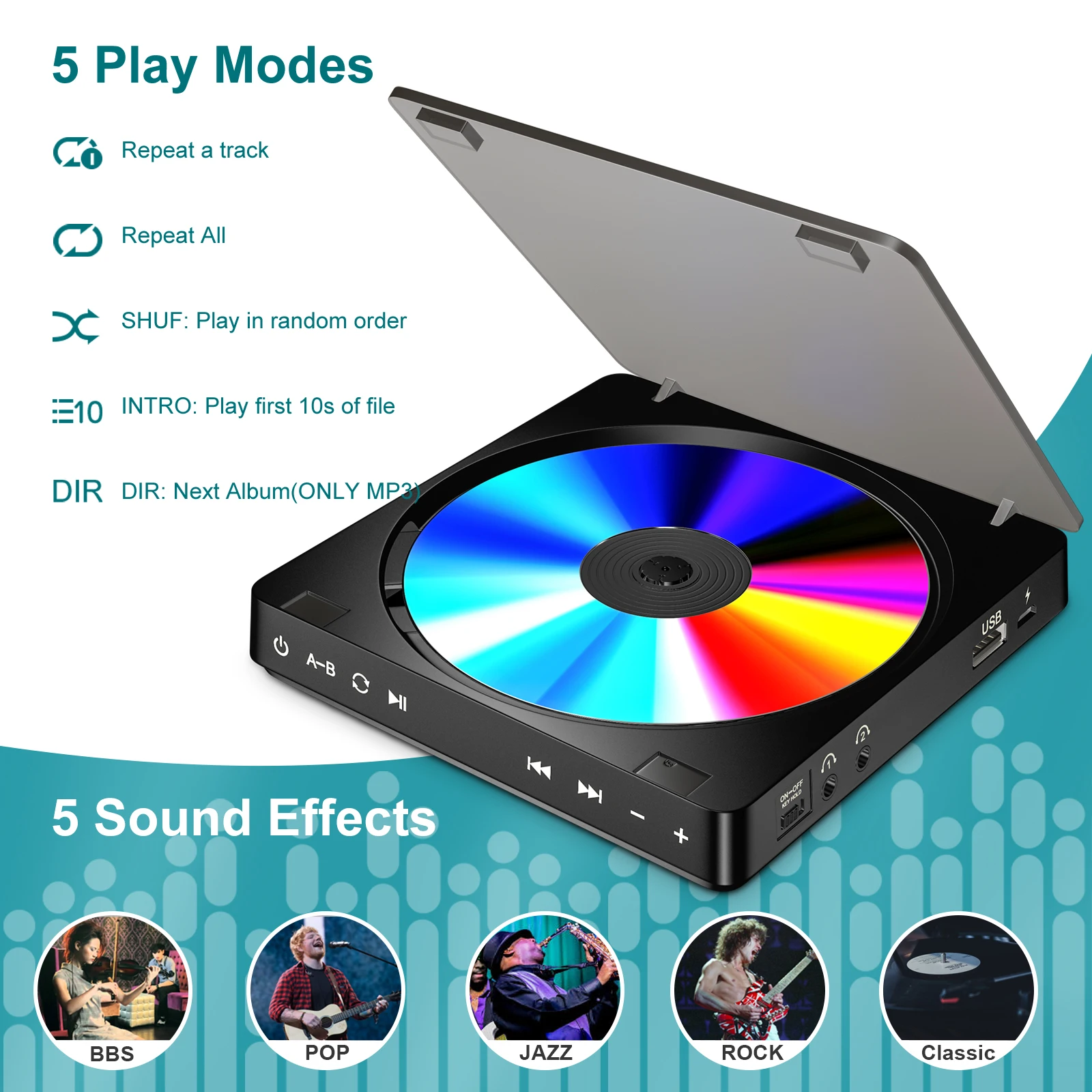 Gueray Portable CD Player 1200mAh Rechargeable Battery Personal CD Player Double 3.5mm Headphones Jack Touch Button portable cd player