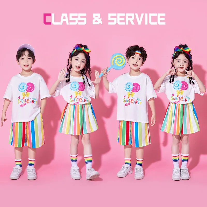 Kids Hip Hop Ballroom Dancing Costumes 4 Girls Boys Lollipop White T Shirt Color Shorts Skirt Jazz Dance Clothes Stage Outfits