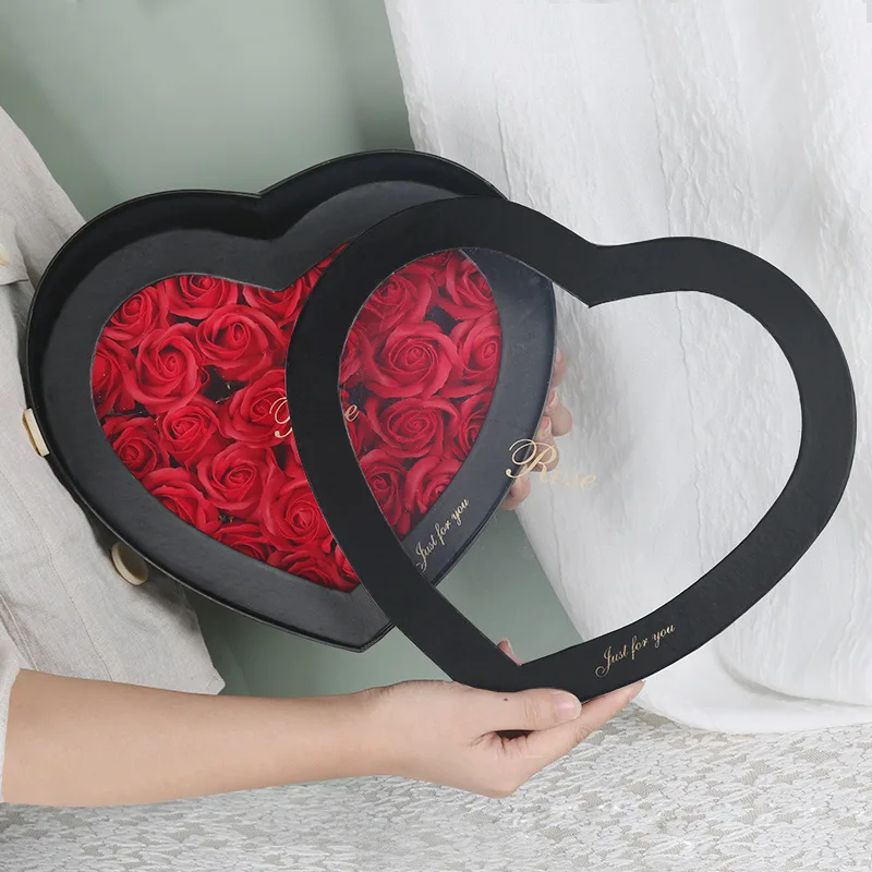 

LED 27pcs Pink Red Soap Rose Box Double Layer Heart Shape Rose Flower Gift Box Artificial Rose Soap Flowers For Valentines Day