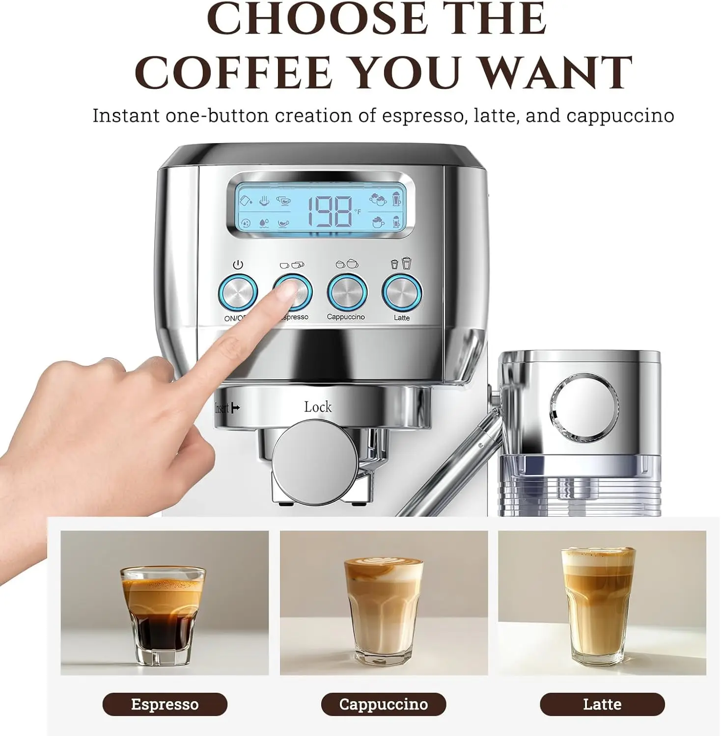 Espresso Machine with LCD Display, 20 Bar Cappuccino Machines with Automatic Milk Frother for Home Gifts, Latte Coffee Maker wit 4