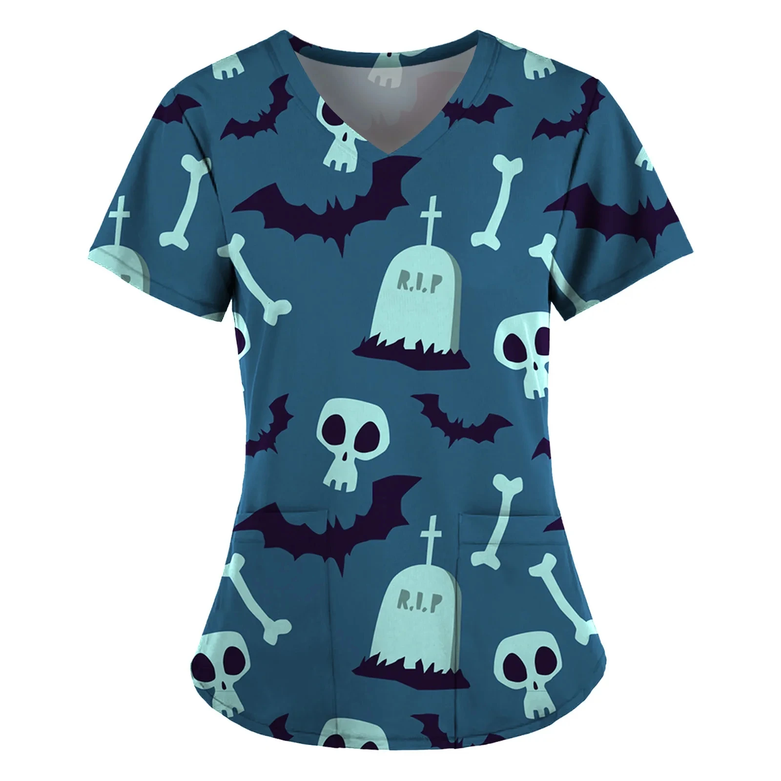 Medizinische Uniform für Frauen, Halloween-Kürbis-Spinnennetz-Druck, ausziehbare Stilloberteile, Terror-Spinne, kurzärmelige Scrubs-Uniform für Damen – Detail 6