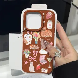 Charming Pink Cat & Strawberry Pattern Phone Case Cover - Galaxy S23 Ultra (Dark Brown)