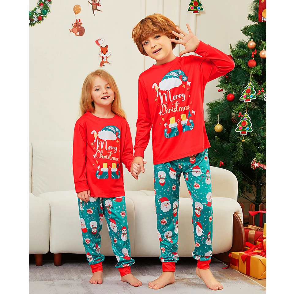 Fashion Cotton Family Matching Christmas Pajamas Santa Claus Father Mother Kids Baby Children's Letter Print T-shirt Pants Sets 6