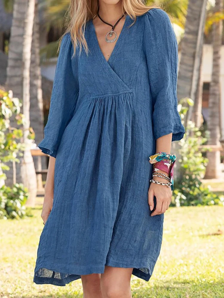 

Women Summer Fashion Linen Loose Pullover A-Line Dress Casual 3/4 Sleeve V-Neck Dress Ladies Simple Solid Color Pleated Dresses