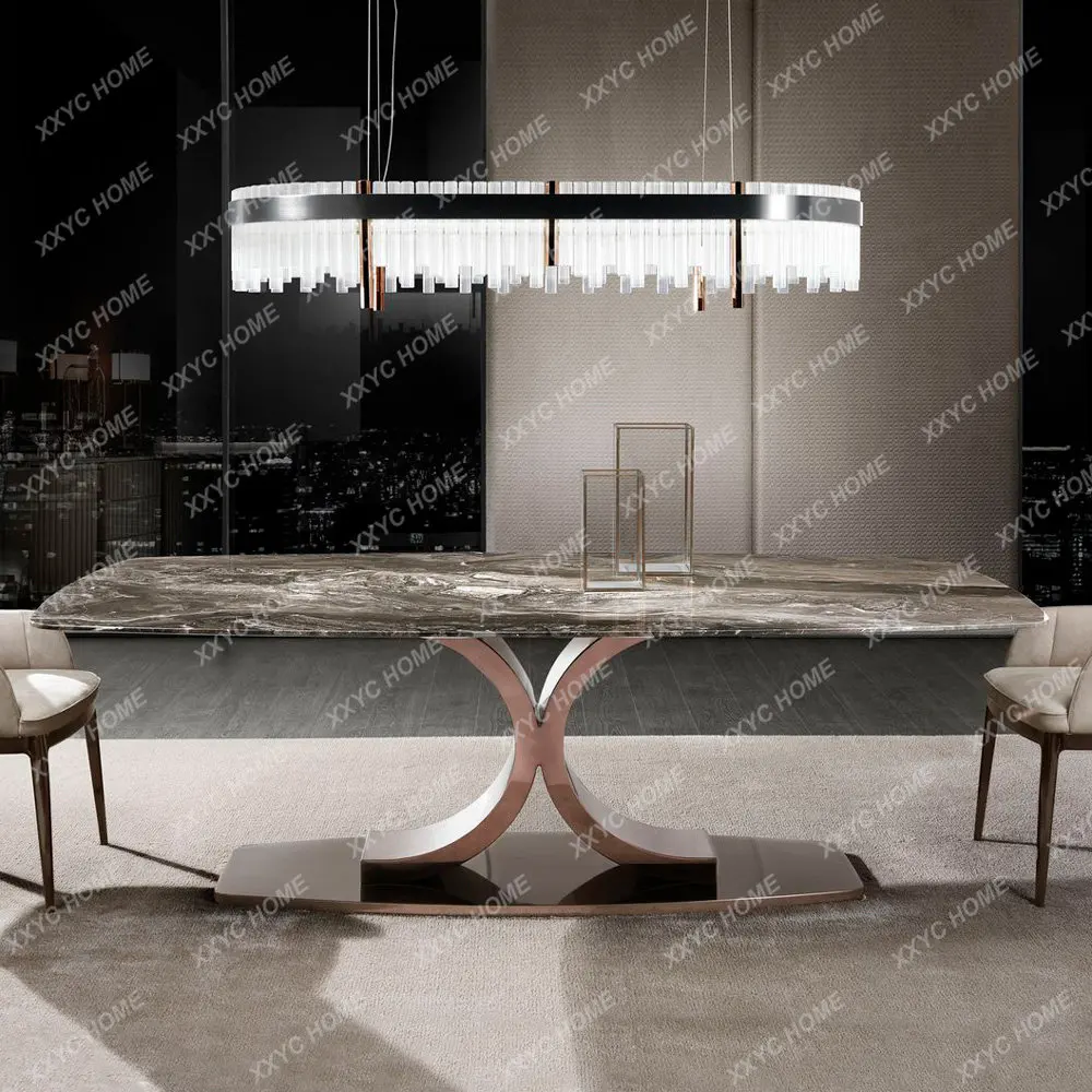 

Villa Large Apartment Italian Minimalist Light Luxury Natural Marble Rectangular Stainless Steel Dining Table