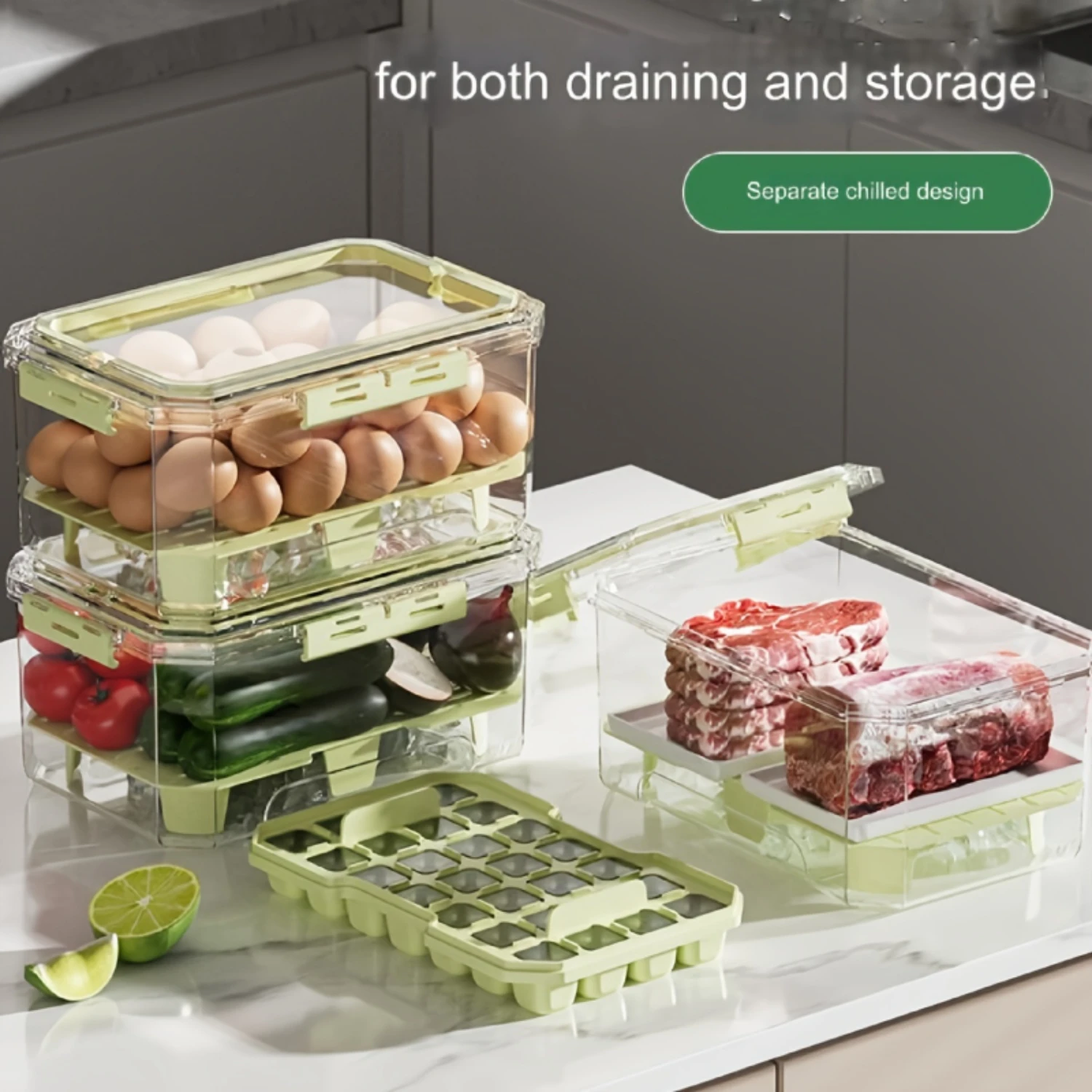 Double-Layer Freshness Box-Food-Safe Plastic For Fruits & Vegetables-Kitchen Organizer With Drain Basket Stylish & Functio