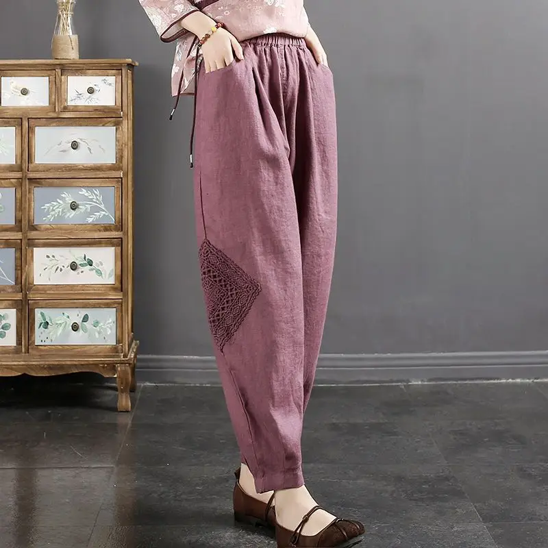 Women Summer New High Waist Elastic Harlen Pants Fashion Artistic Vintage Lace Pocket Splicing Loose Casual Versatile 9/4 Pants