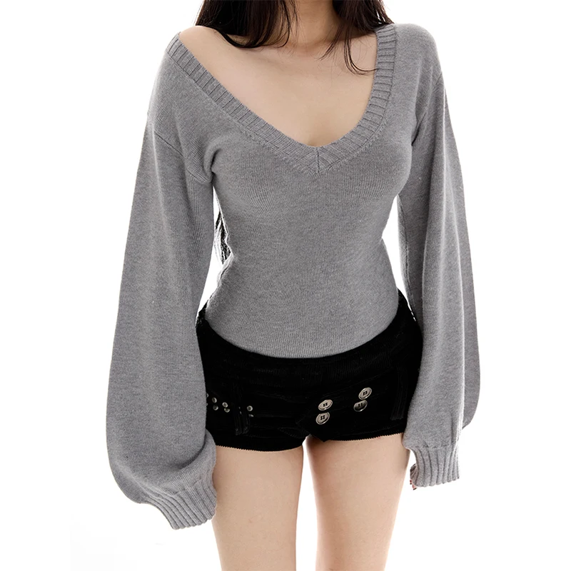 V-Neck Lantern-Sleeve Knit Pullover Sweater For Autumn And Winter Outfits — photo 5
