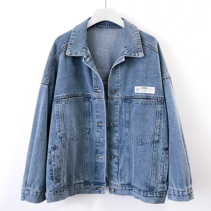 

Spring Autumn Vintage Blue Denim Jackets Women Loose Casual Patch Design Cowboy Outerwear Big Pocket Jeans Jacket Coat Female