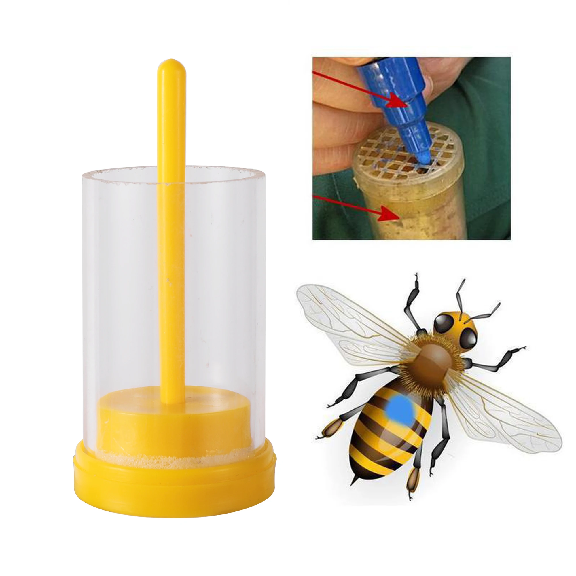 

Beekeeper Bee Queen Marker Bottle Bee Mark Cage Plastic Queen Bee Catcher With Plunger Plush Garden Beekeeping Supplies 1Pc