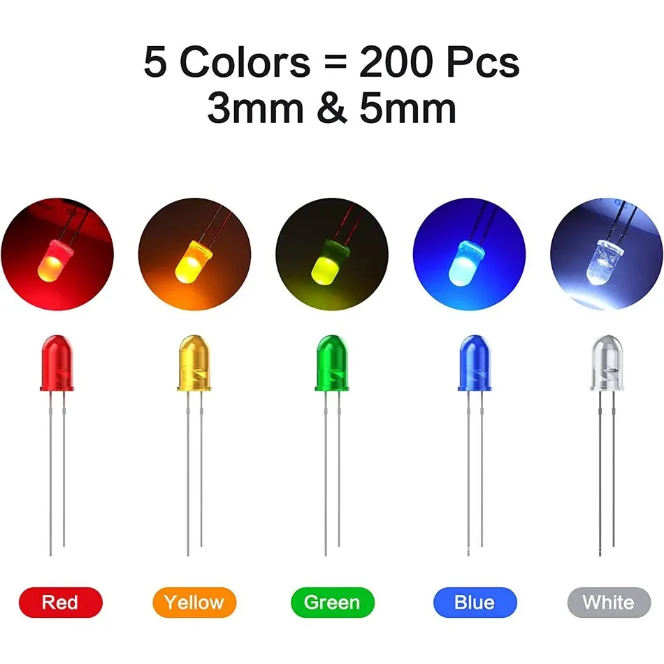 200 Pcs Led Diode, 3mm 5mm Clear LED Light Emitting Diodes Bulb LED Lamp Red Green Blue Yellow White, for Science Experiment 