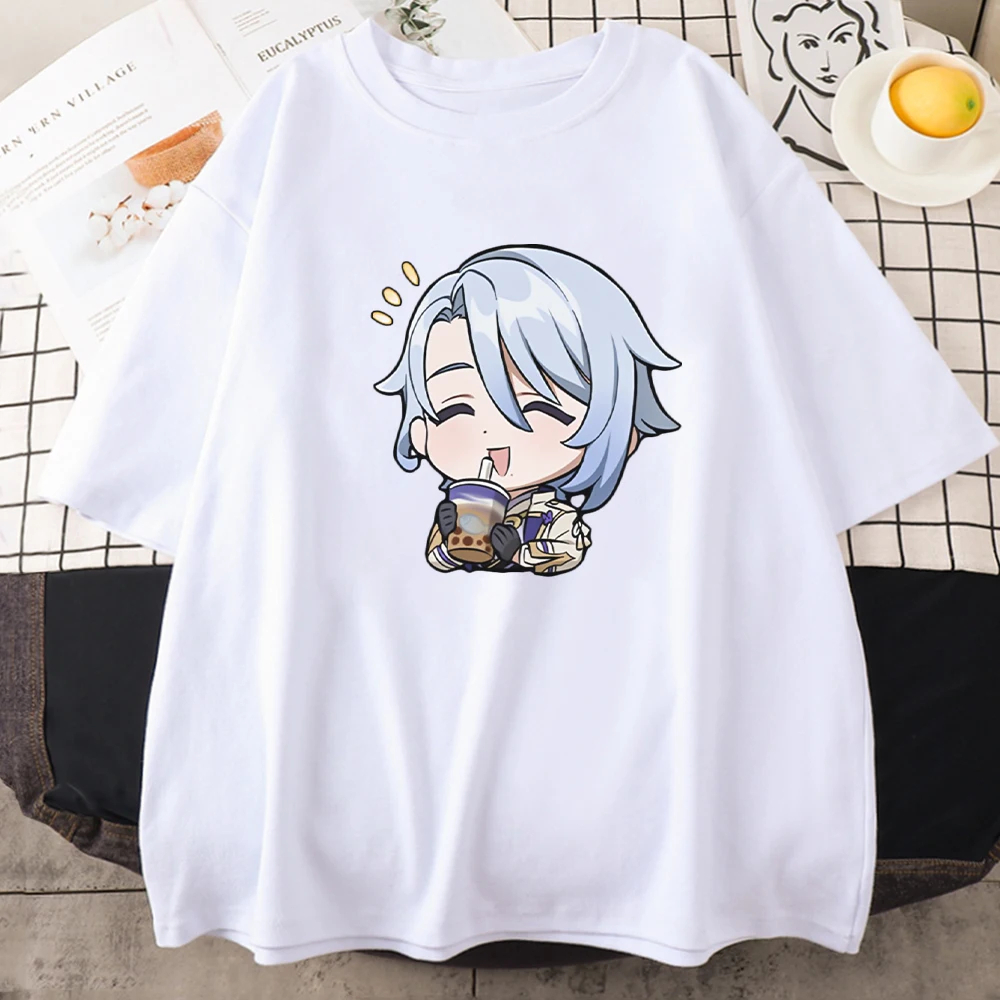 

Футболка с мультяшным принтом Genshin Impact Kamisato Ayato Game Kawaii Milk Tea, топы большого размера из 100% хлопка, женские топы высокого качества с круглым вырезом