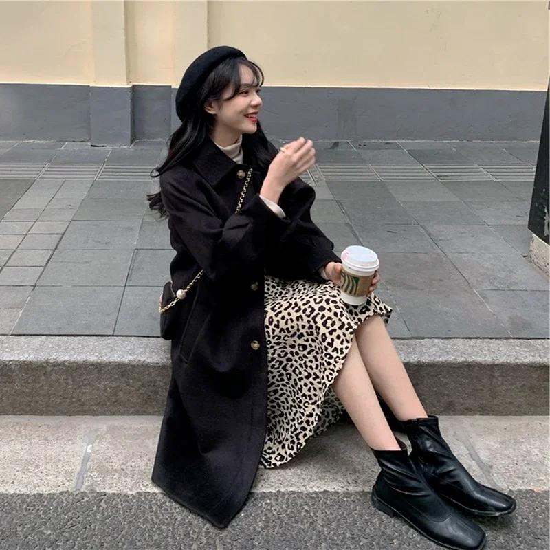 Fashion Elegant Blends Coats French Style Lapel Big Pocket Single Breasted Overcoats Autumn Winter Warm Thick Casual Outwears