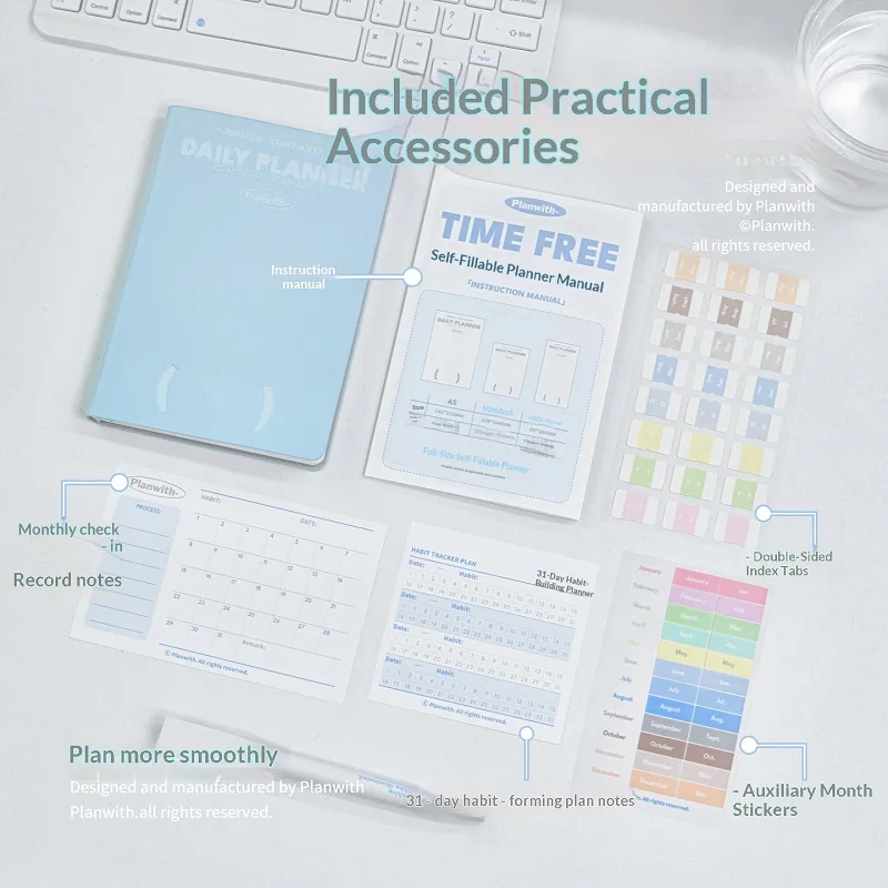 Planwith Undated Daily Planner - Premium A5 Notebook with 12 Monthly Plans, 53 Weekly Pages, Stickers, and Manual Organizer Journal