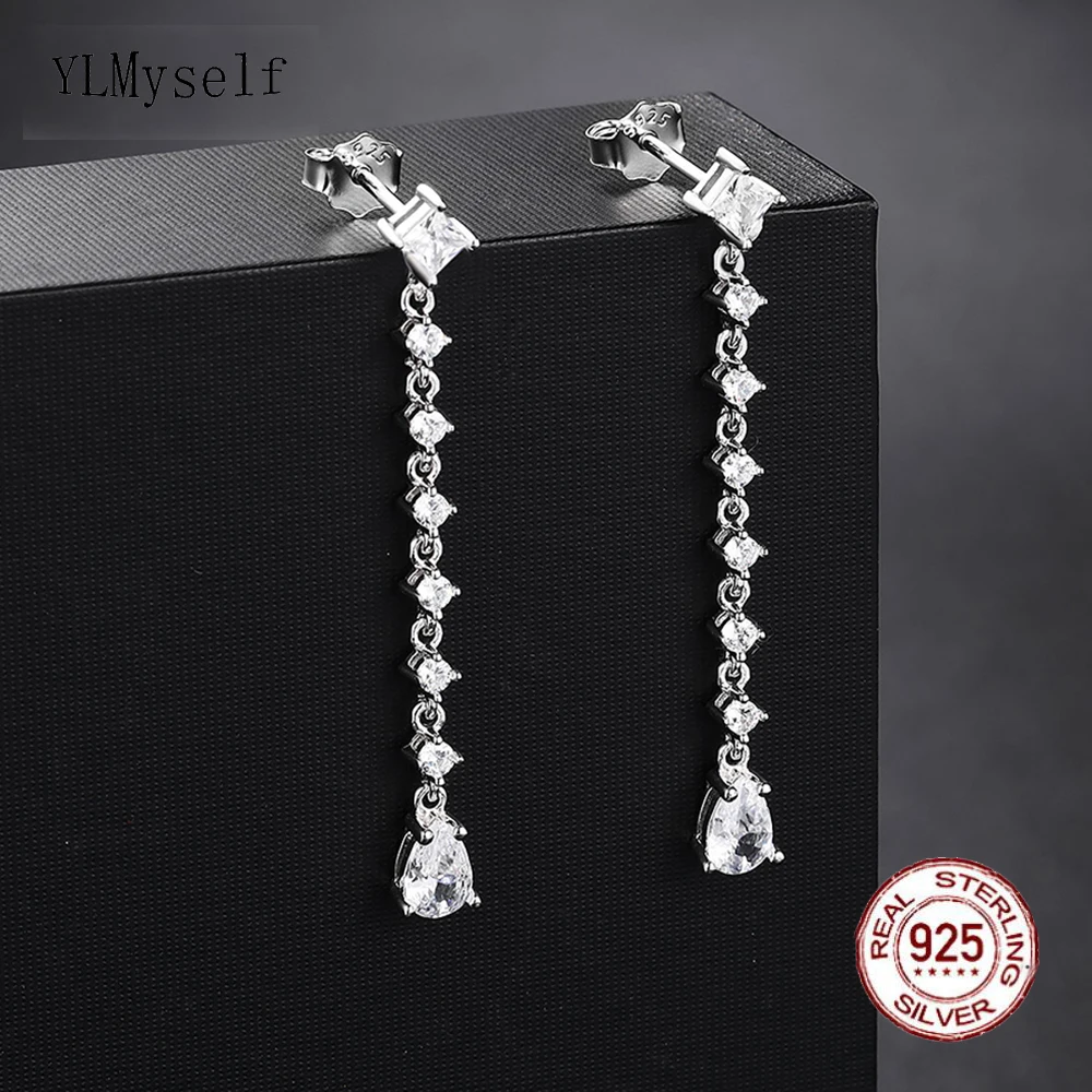 

Real Sterling Silver Drop Earrings Pave Bright Teardrop Cubic Zirconia 4CM Length Pretty Solid 925 Jewelry