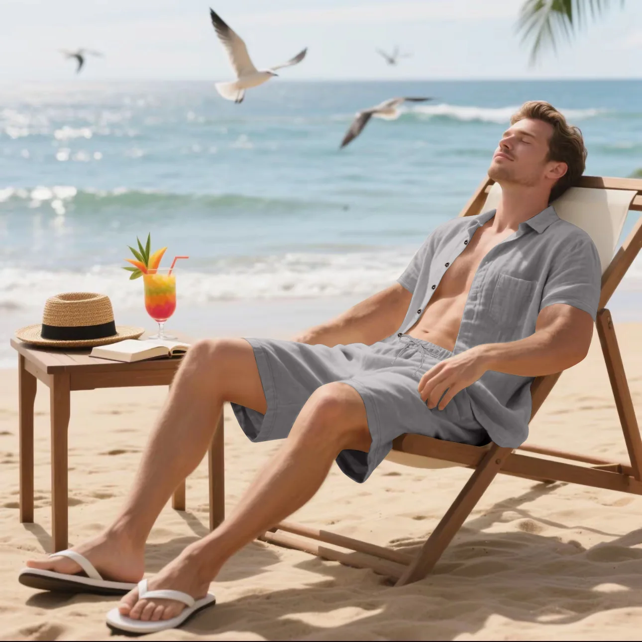 Summer Men's Solid-Color Linen Beach Suit, Lapel Button Short-Sleeved Shirt Paired With Drawstring Shorts, Casual 2-Piece Set