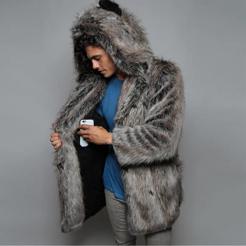 Men's Faux Fur Coat Long Sleeve Hooded Thick Warm Jackets Male