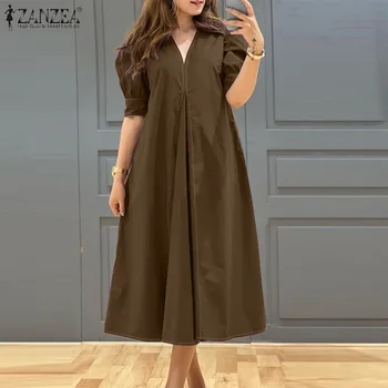 ZANZEA Plus Size 5XL Womens Casual Midi Dresses V-Neck Short Puff Sleeve A-Line Long Dress Spring Vacation Oversized Robes Femme 1