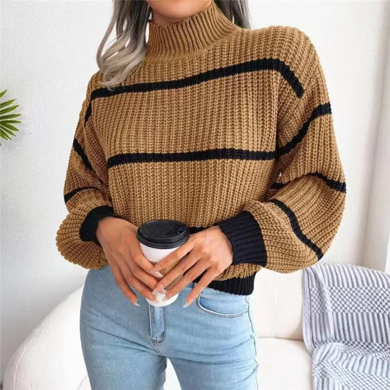 New Autumn and Winter Women's Semi-turtleneck Knitted Long-sleeved Sweater Fashion Striped Lantern Sleeve Office Casual Top