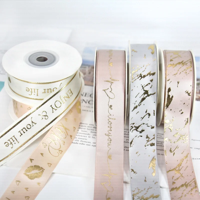 Ribbon customizationWholesale Custom Logo Printed Gold Foil Polyester Satin Ribbon for packing Decoration