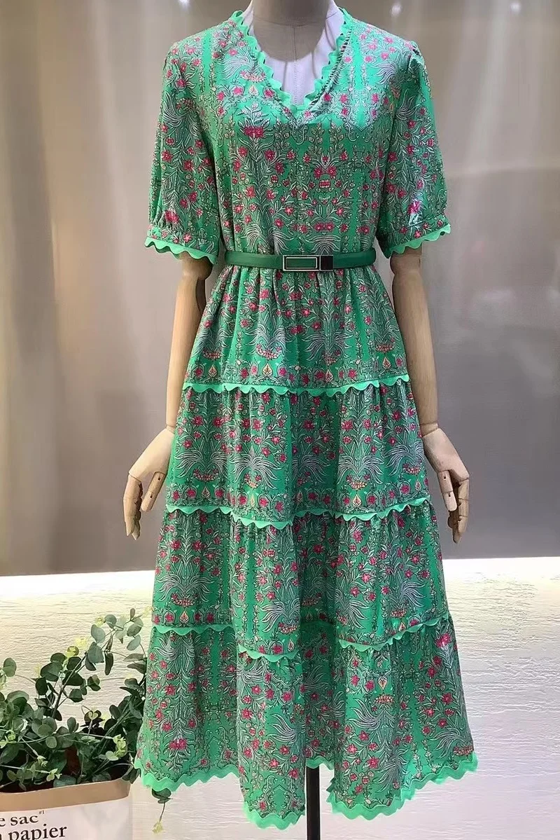 

Top Quality New 2023 Summer Dress Women V-Neck Sweet Elegant Floral Prints Belt Deco Short Sleeve Big Swing Party Green Dress