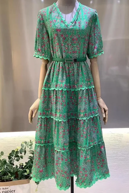 Top Quality New 2023 Summer Dress Women V-Neck Sweet Elegant Floral Prints Belt Deco Short Sleeve Big Swing Party Green Dress