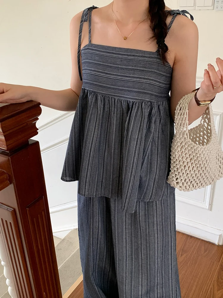 QOERLIN 2 Piece Pants Suits Women Suspender Sleeveless Camisoles Loose Casual Elastic Waist Pants Female 2024 New Summer Sets