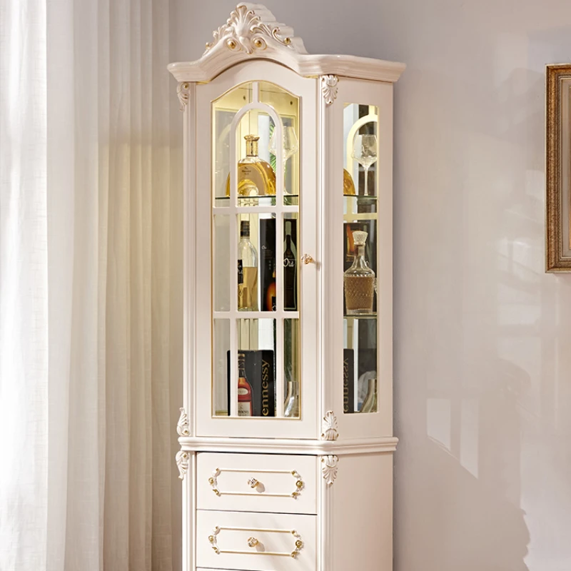 

European Style Wine Cabinet Living Room Wall Display Cabinet French Luxury Carved Dining Cabinet White Glass