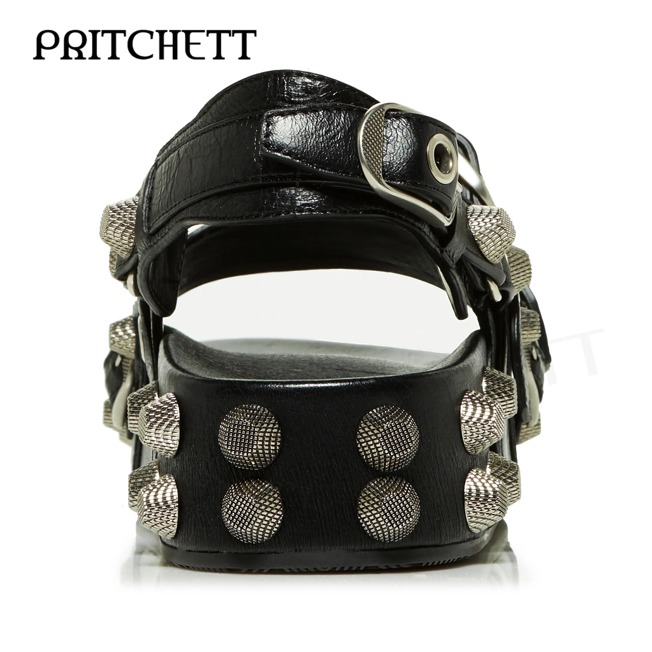 Hardware Thick Sole Black Sandals Retro Rivet Belt Pin Buckle Casual Shoes Large Size Comfortable Women's Shoes and Men's Shoes