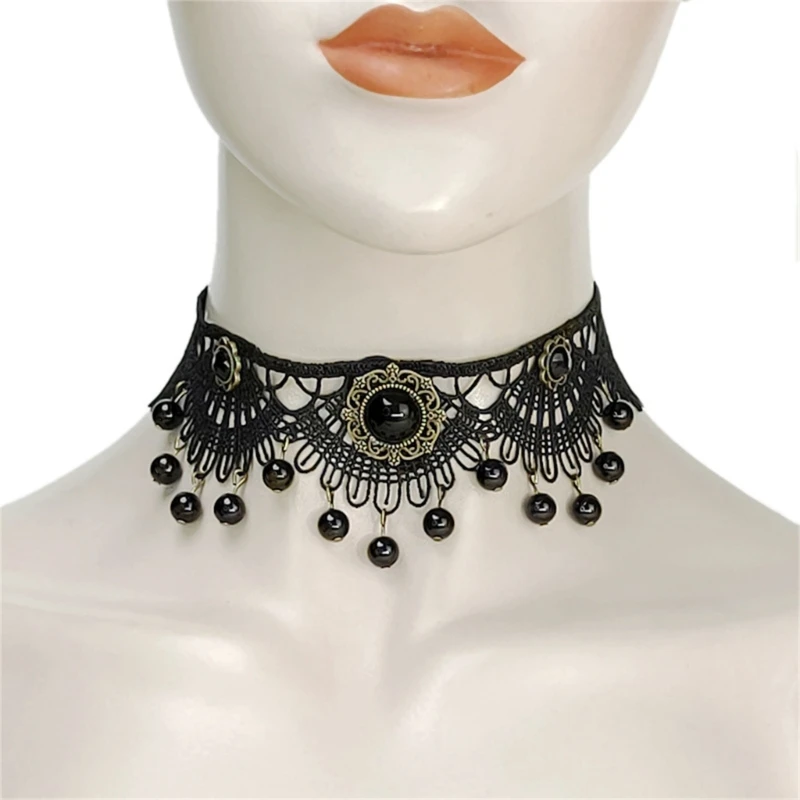 Gothic Lace Floral Choker for Women Choker Handmade Collar with Dangling Beads Adjustable for Bachelorette Party Wedding