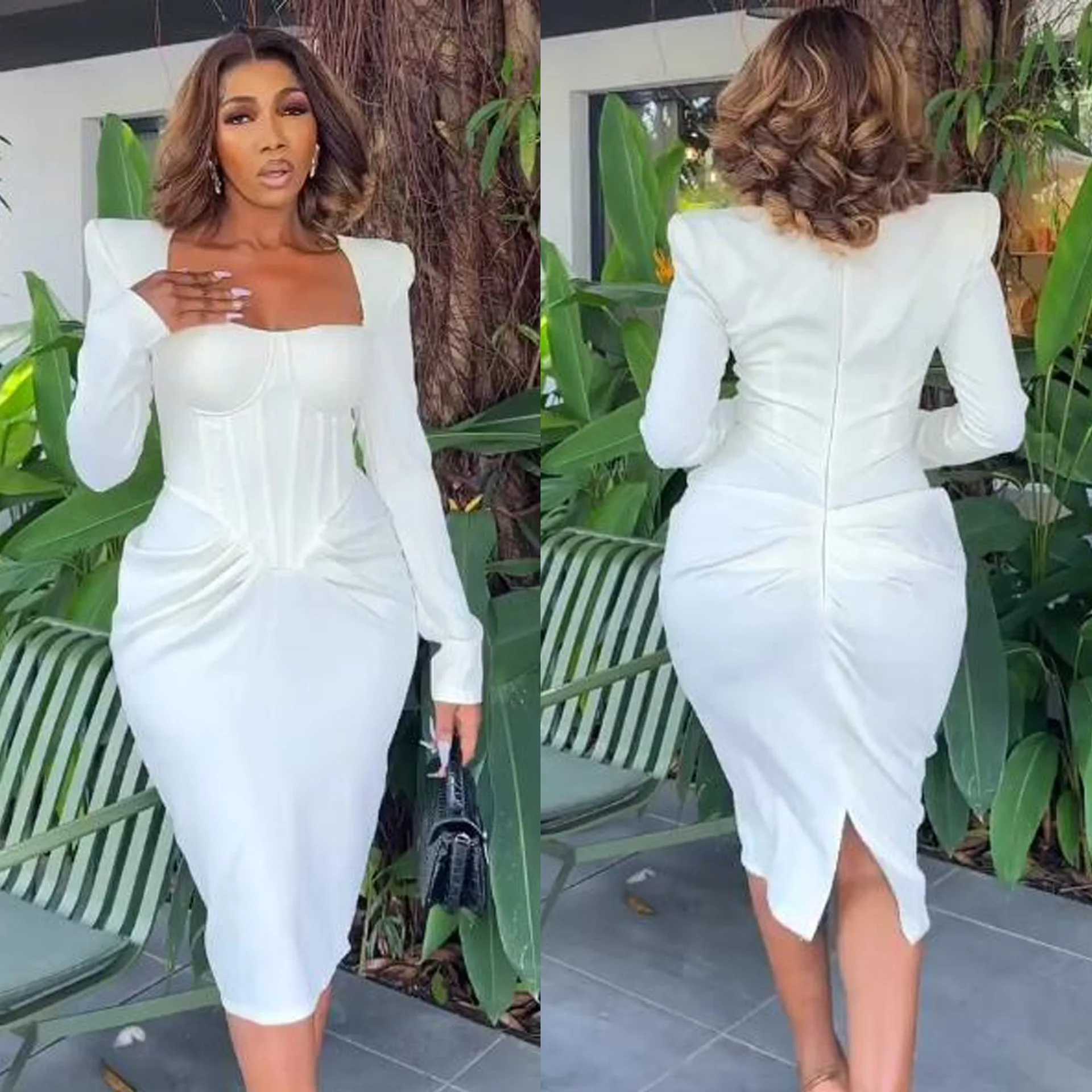 

Elegant Solid Bodycon Ruched Party Dress Women Shoulder Pad Zipper Up Hip Wrap Stretchy Dress
